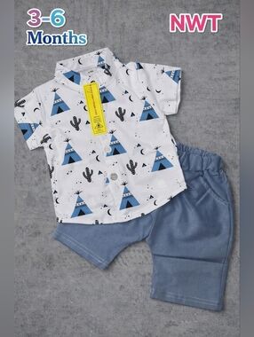 Baby Button-Up Tee & Blue Pants Set - Teepee Print 3-6 Months, NWT